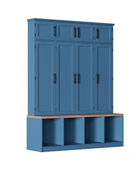 Clihome Farmhouse Hall Tree Walnut Seating Bench with 4 Hanging Hooks for Living Room