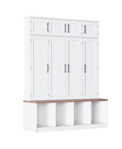 Clihome Farmhouse Hall Tree Walnut Seating Bench with 4 Hanging Hooks for Living Room