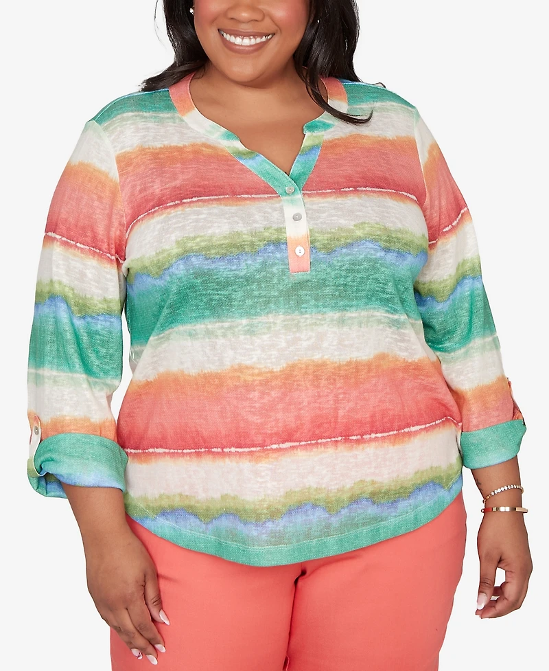 Alfred Dunner Plus Resort Living Biadere Tie Dye Stripe Henley Top