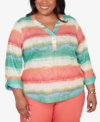 Alfred Dunner Plus Resort Living Biadere Tie Dye Stripe Henley Top