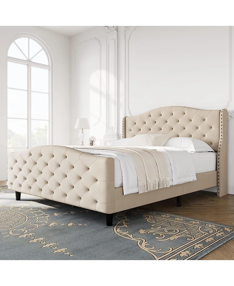 gaomon Queen Size Bed Frame with Headboard and Footboard, Tufted Wingback Headboard, Velvet Upholstered Platform Bed