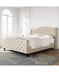 gaomon Queen Size Bed Frame with Headboard and Footboard, Tufted Wingback Headboard, Velvet Upholstered Platform Bed