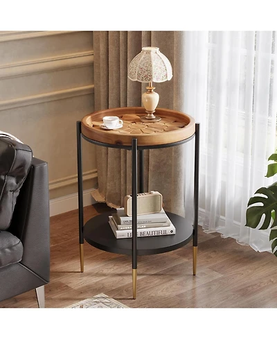 Tribesigns Round Side Table, 2-Tier End Table with Solid Wood and Metal, Industrial Nightstand
