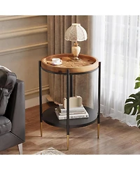 Tribesigns Round Side Table, 2-Tier End Table with Solid Wood and Metal, Industrial Nightstand