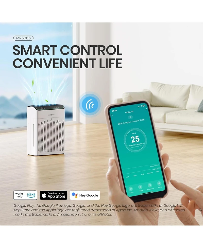 Morento Smart Hepa Air Purifier for Home, Voice & App Contorl, PM2.5 Display, Quality Monitor, Up to 1290 Sqft