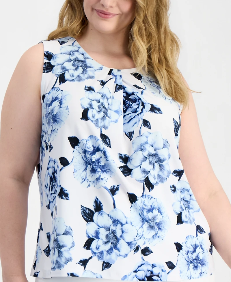 Anne Klein Plus Pleated-Neck Sleeveless Knit Top