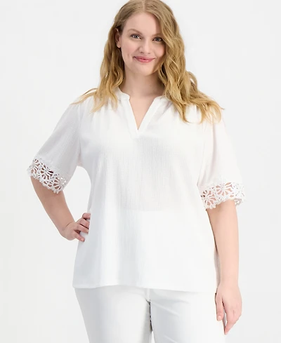 Anne Klein Plus Split-Neck Lace-Trim Elbow-Sleeve Top