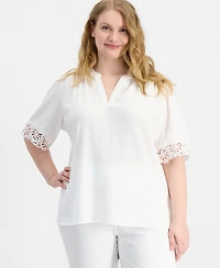 Anne Klein Plus Split-Neck Lace-Trim Elbow-Sleeve Top