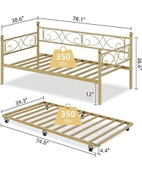 gaomon Space-Saving Heavy Duty Metal Daybed with Pull-Out Trundle, Floral Headboard, Steel Slats, Sofa Bed Frame for Living Room