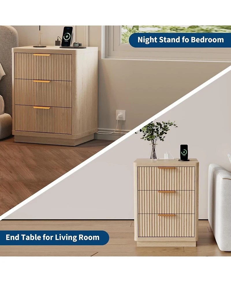 gaomon Fluted Nightstand with Charging Station, Mid Century Modern Fluted Nightstand