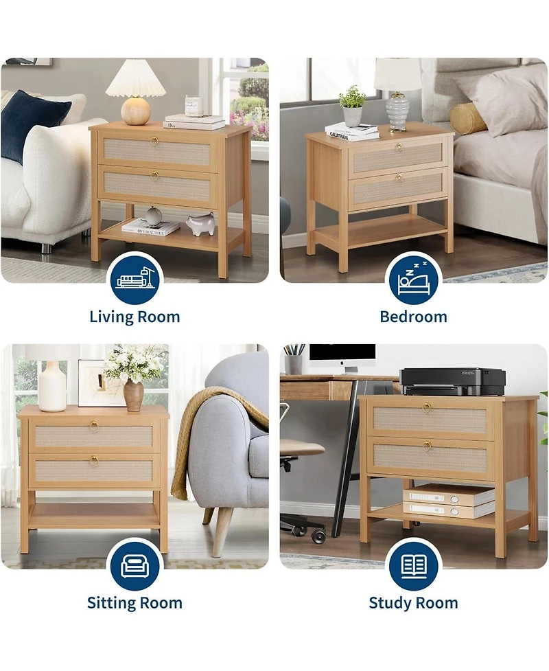 gaomon Rattan Night Stand Set of 2, Boho Night Stand with 2 Rattan Drawers, Large Bedside Table Side Table