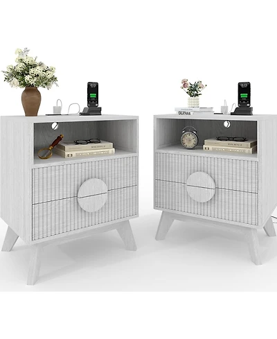 gaomon Fluted Night Stand Set of Wood Tall Nightstands with Charging Station, End Table with 2 Drawers