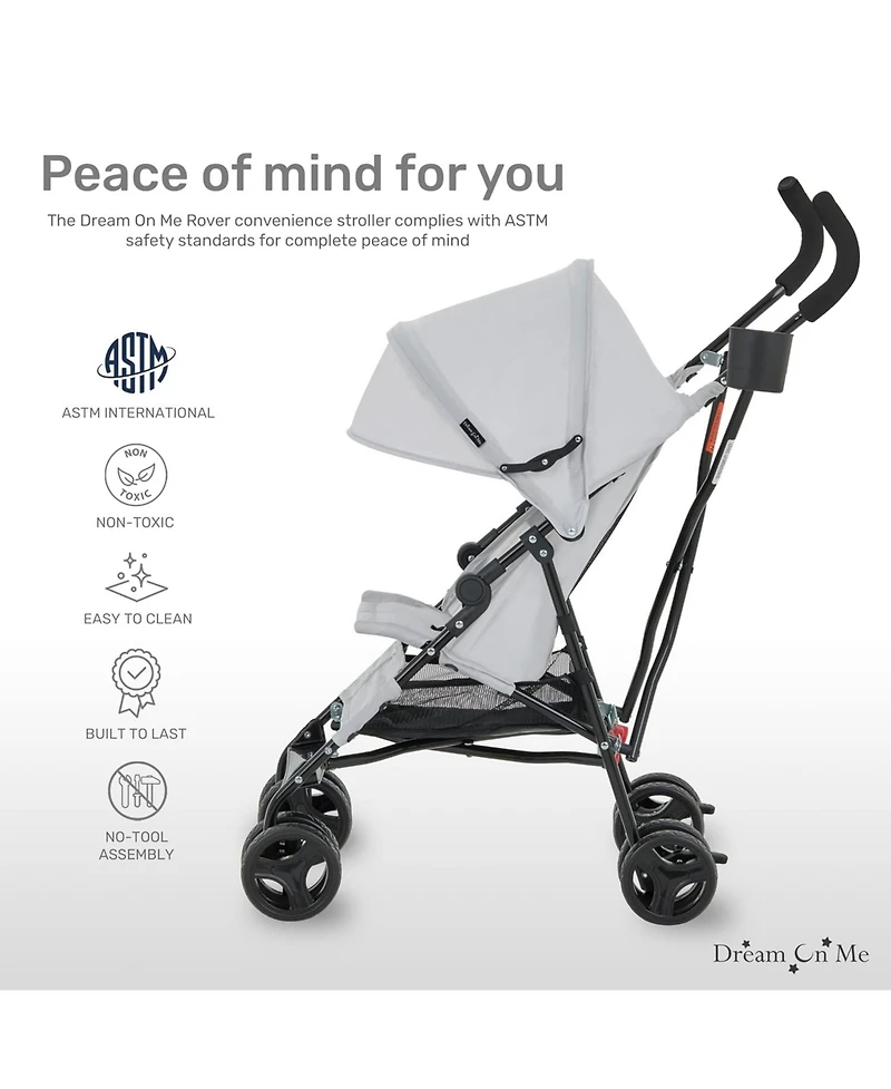 Dream On Me Toddler Rover Stroller: Lightweight, compact travel umbrella stroller. One-hand fold, lockable rear wheels, adjustable canopy, & 3-point h