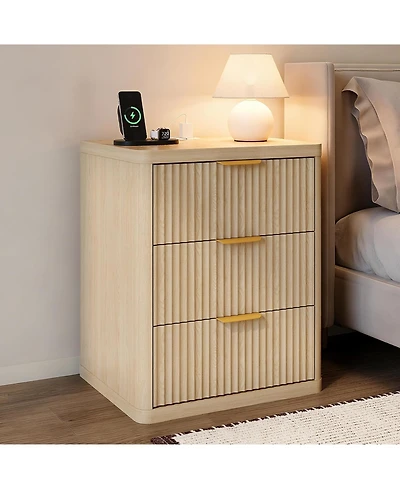 gaomon Fluted Nightstand with Charging Station, Bedside Table with 3 Drawers Storage Space.
