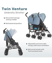 Dream On Me Toddler Twin Venture Umbrella Stroller, Multi Backrest Positions, Adjustable & Removable Canopy Double Stroller, 360°Swivel Wheels wi