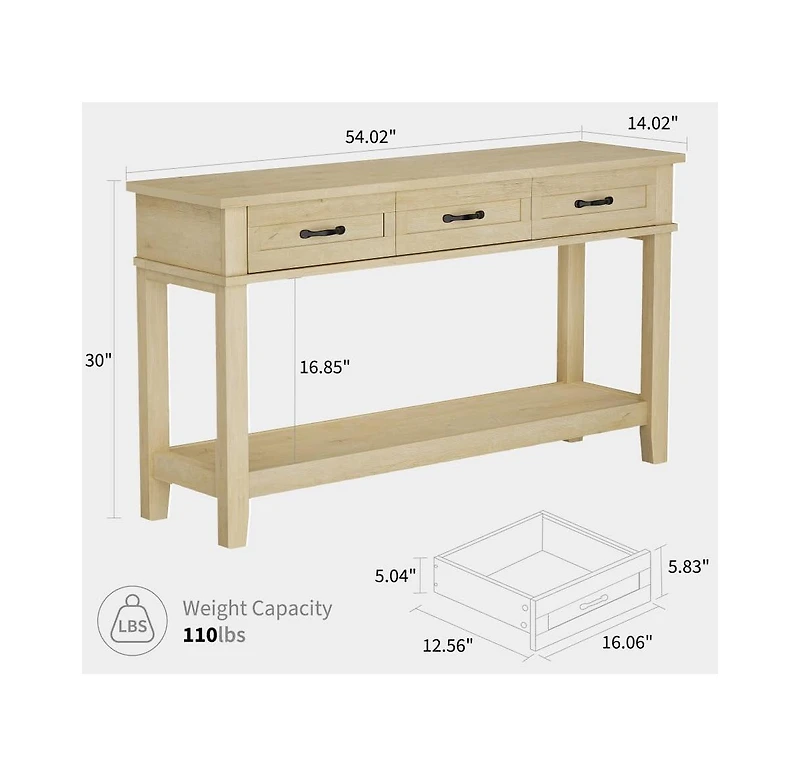 gaomon Farmhouse Entryway Table, 2 Tier Console Table with 3 Storage Drawers, 54" Wooden Sofa Table for Entryway Living Room