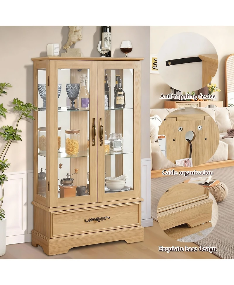 Yigii Antique Display Cabinet with Lighted Glass Doors and Mirrored Panel