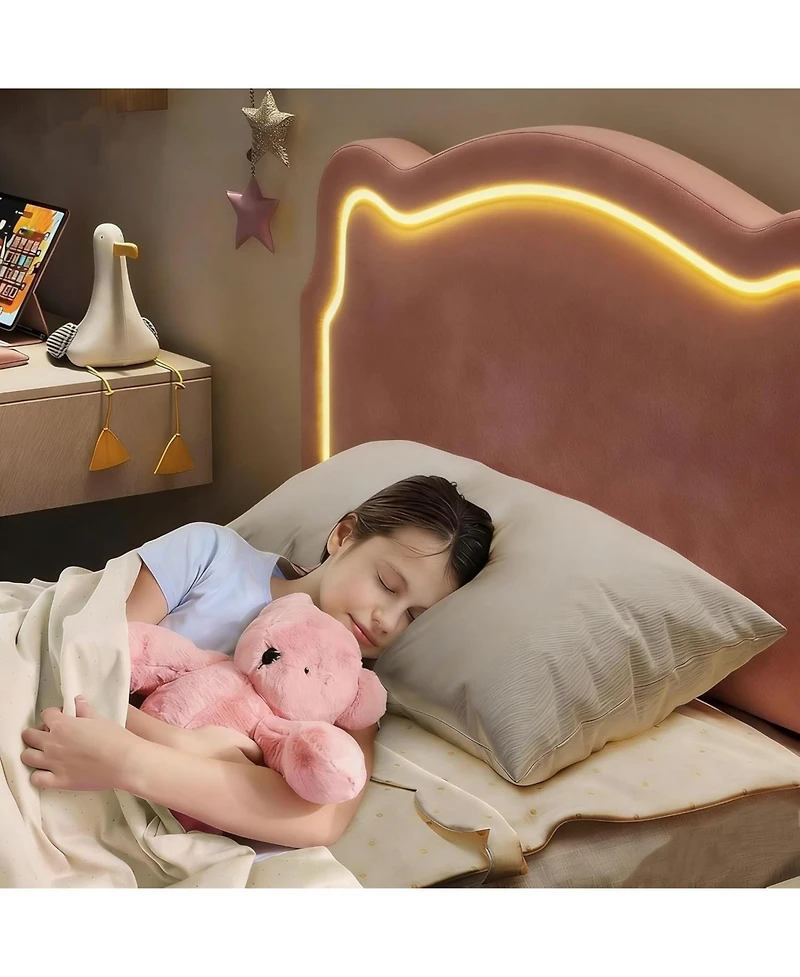 gaomon Twin Upholstered Smart Led Bed Frame with Velvet Princess Headboard, Wooden Slats Support, No Box Spring Needed