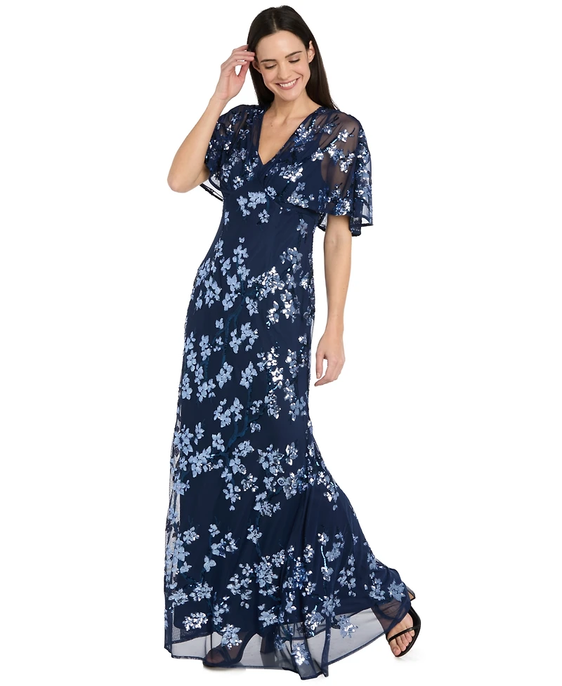 R & M Richards Women's Sequin Embellished Cape-Sleeve Gown