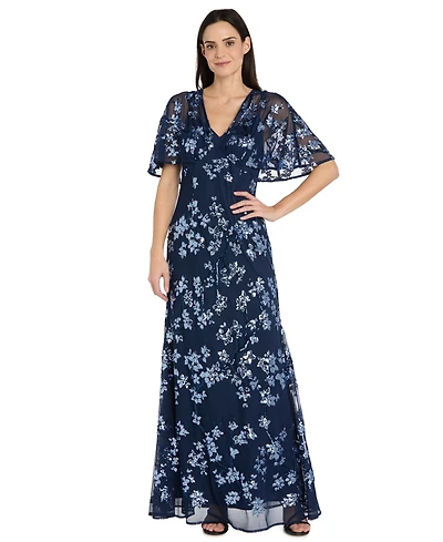 R & M Richards Women's Sequin Embellished Cape-Sleeve Gown