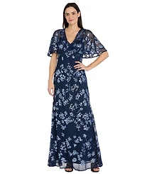 R & M Richards Women's Sequin Embellished Cape-Sleeve Gown