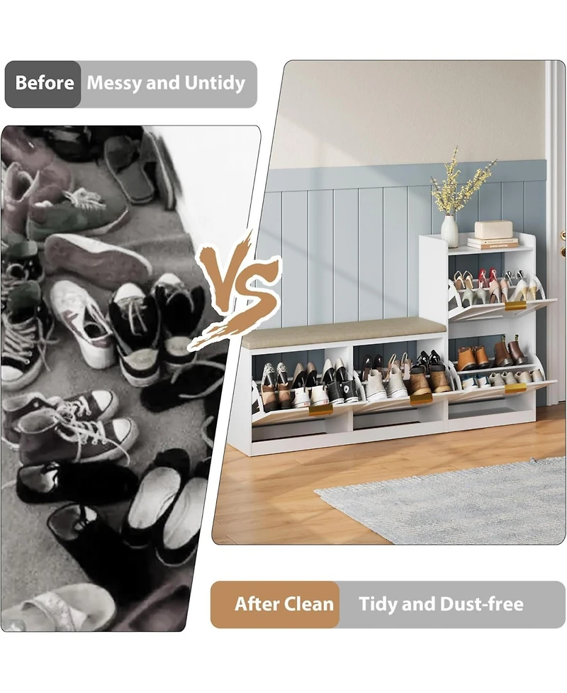 gaomon Farmhouse Shoe Cabinet with Bench, 4 Flip Drawers, Cushioned Seat Shoe Organizer, Freestanding Entryway Storage