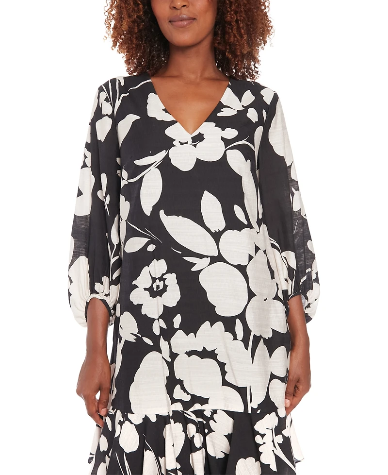 London Times Women's Printed Blouson-Sleeve Shift Dress