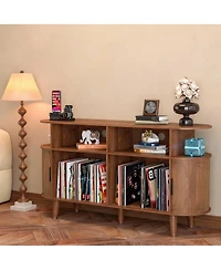 Yigii Mid-Century Modern Record Cabinet with Charging Station & Storage