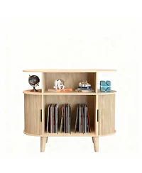 Yigii Mid-Century Modern Record Cabinet with Charging Station & Storage