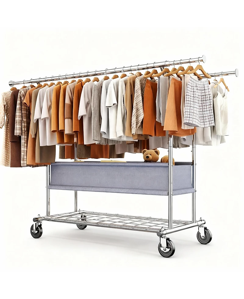 Yigii Adjustable 3-in-1 Metal Garment Rack with Storage Basket and Wheels