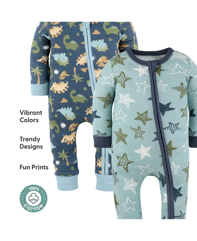 The Peanutshell Baby Boys Dino Star Cotton Footless Pajamas for Boys, 2 Pack