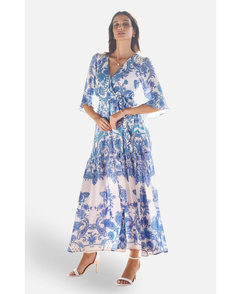 Yumi Women's 3/4 Sleeves Paisley Wrap Midi Dress