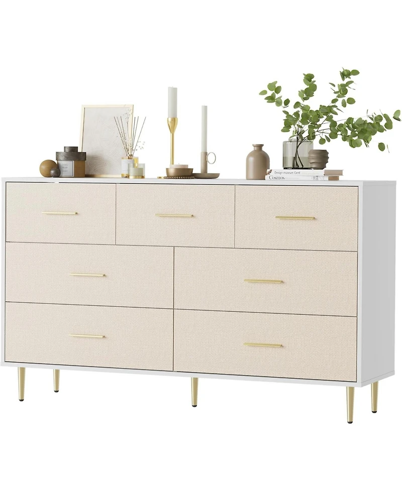 gaomon 7 Drawer Dresser, Modern Chest of Drawer with Gold Metal Handles, Wood Dresser for Bedroom with Strong Metal Legs, White Storage Organizer