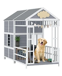 PawHut Dog House Outdoor, 79"L Wooden Dog Shelter with Porch, Storage
