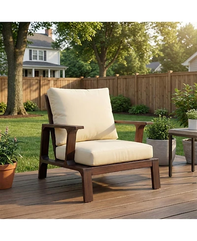 Clihome Patio Accent Chair 27.6" Wood Outdoor Lounge for Patios, Gardens, Beige Cushion