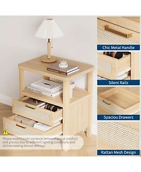 gaomon Rattan Nightstands Set of 2, Large Nightstands with Drawers and Storage Shelf, Farmhouse Bedside Table, Wood