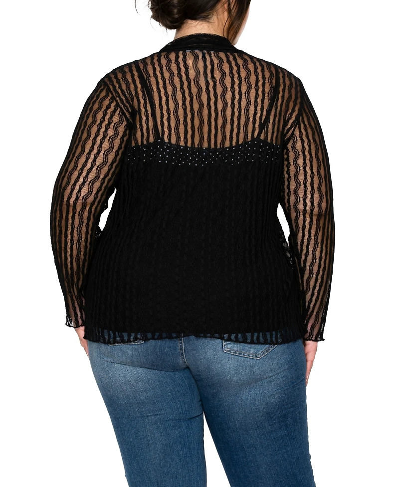 Coin 1804 Plus Vertical Floral Stripe Lace Button Front Shirt