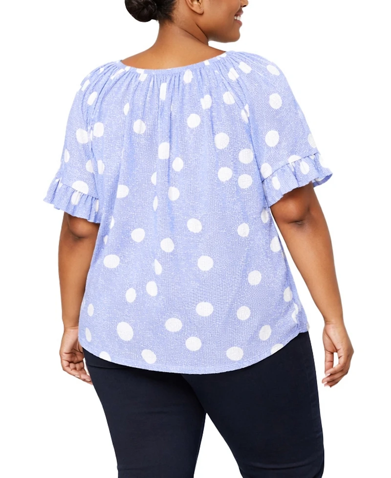 Coin 1804 Plus Polka Dot Crinkle Knit Button Front Ruffle Sleeve