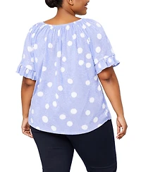 Coin 1804 Plus Polka Dot Crinkle Knit Button Front Ruffle Sleeve