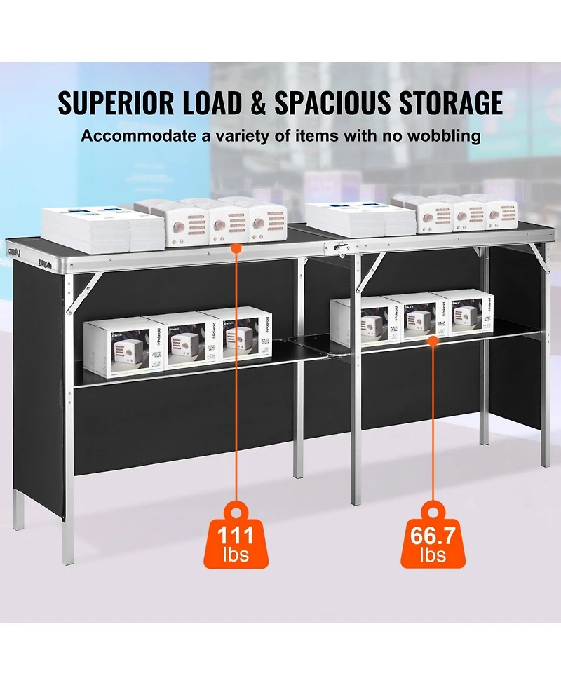 Mecale Extra Long Folding Portable Bar Table with Carrying Case, Storage Shelf and Black Skirt, 77.95" x 15.16" x 34.65