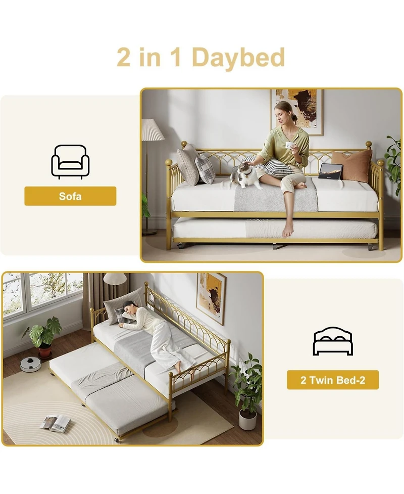 gaomon Twin Daybed with Pull-Out Trundle, Led Lights & Charging Station, Metal Sofa Bed,