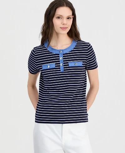 Nautica Women's Denim-Trim Striped Henley Short-Sleeve Top