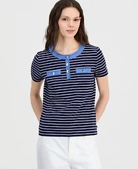 Nautica Women's Denim-Trim Striped Henley Short-Sleeve Top