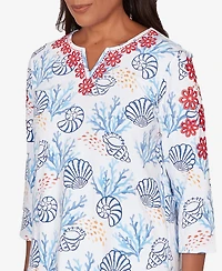 Alfred Dunner Petite Port Side Shell Print Embroidered Top