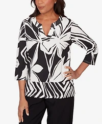 Alfred Dunner Petite Crowd Pleaser Dramatic Abstract Floral Split Neck Top