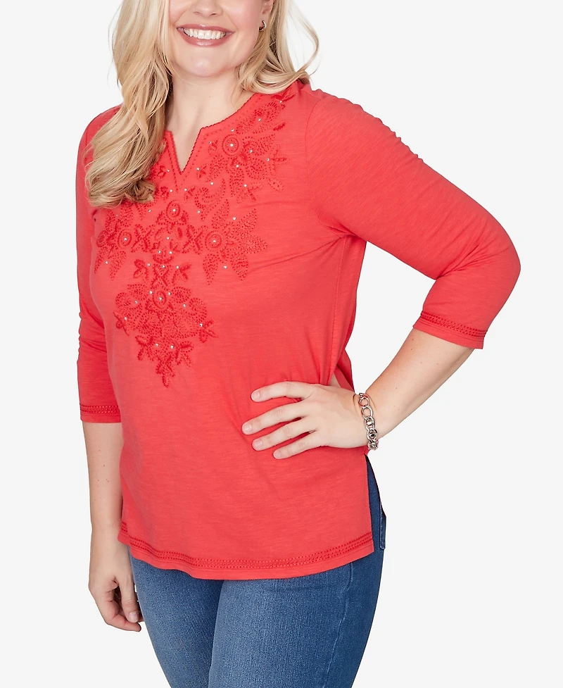 Alfred Dunner Petite Port Side Tonal Embroidered Split Neck Top