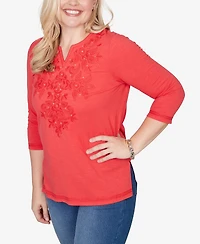 Alfred Dunner Petite Port Side Tonal Embroidered Split Neck Top