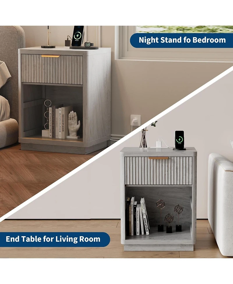 gaomon Fluted Nightstand with Charging Station, Mid Century Modern Fluted Nightstand, Wooden Night Stand