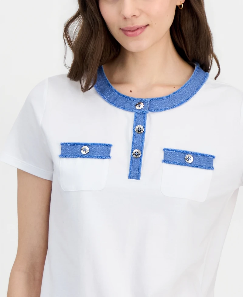 Nautica Women's Denim-Trim Henley Short-Sleeve Top