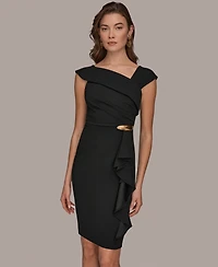 Donna Karan New York Women's Asymmetrical Neck Sheath Ruffle Dress